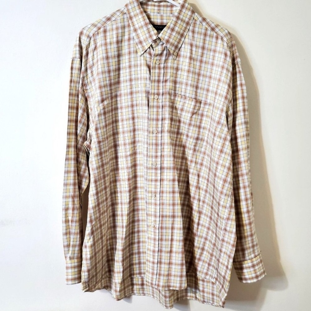 Canali Men's Cream/White Yellow Brown Plaid Button Down Dress Shirt